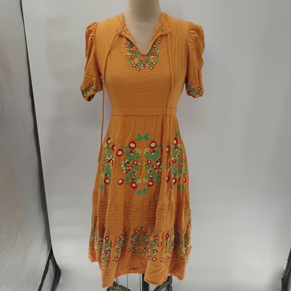 Ollari maxi Dress Yellow/Orange linen from Anthropologie Mexican pattern boho - Picture 2 of 15